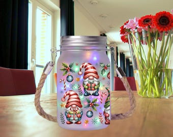Christmas Gnomes, Frosted Mason Jar - Solar Lantern | Rope Handle | Dusk To Dawn Cordless Light