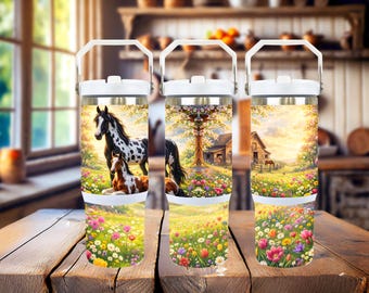 Horse Floral Tumbler: 30 Oz Personalized Stainless Steel Travel Mug