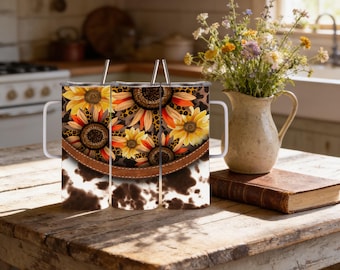 Sunflower Cowhide Tumbler: Rustic Western Style (15/20 & 30oz, Customizable)
