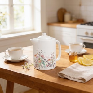 May include: A white ceramic teapot featuring a delicate, colorful wildflower print on its front. The teapot has a matching lid and a curved handle. It is accompanied by two white teacups on saucers, a small glass jar of honey, and lemon slices.