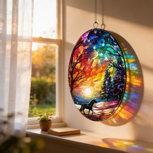 Horse Sunset Beveled | Suncatcher | Window Decor | Light Refraction Art | Landscape Portrait