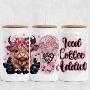 Iced Coffee Addict Highland Cow 16 Oz Glass Can, Personalized Gift, Cow Lover Gift