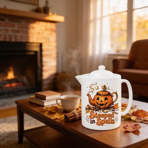 May include: A white ceramic teapot featuring a graphic illustration of a jack-o'-lantern teapot with cinnamon sticks, star anise, and autumn leaves. The text "Steeped in Spells" is printed in orange and brown lettering below the illustration.