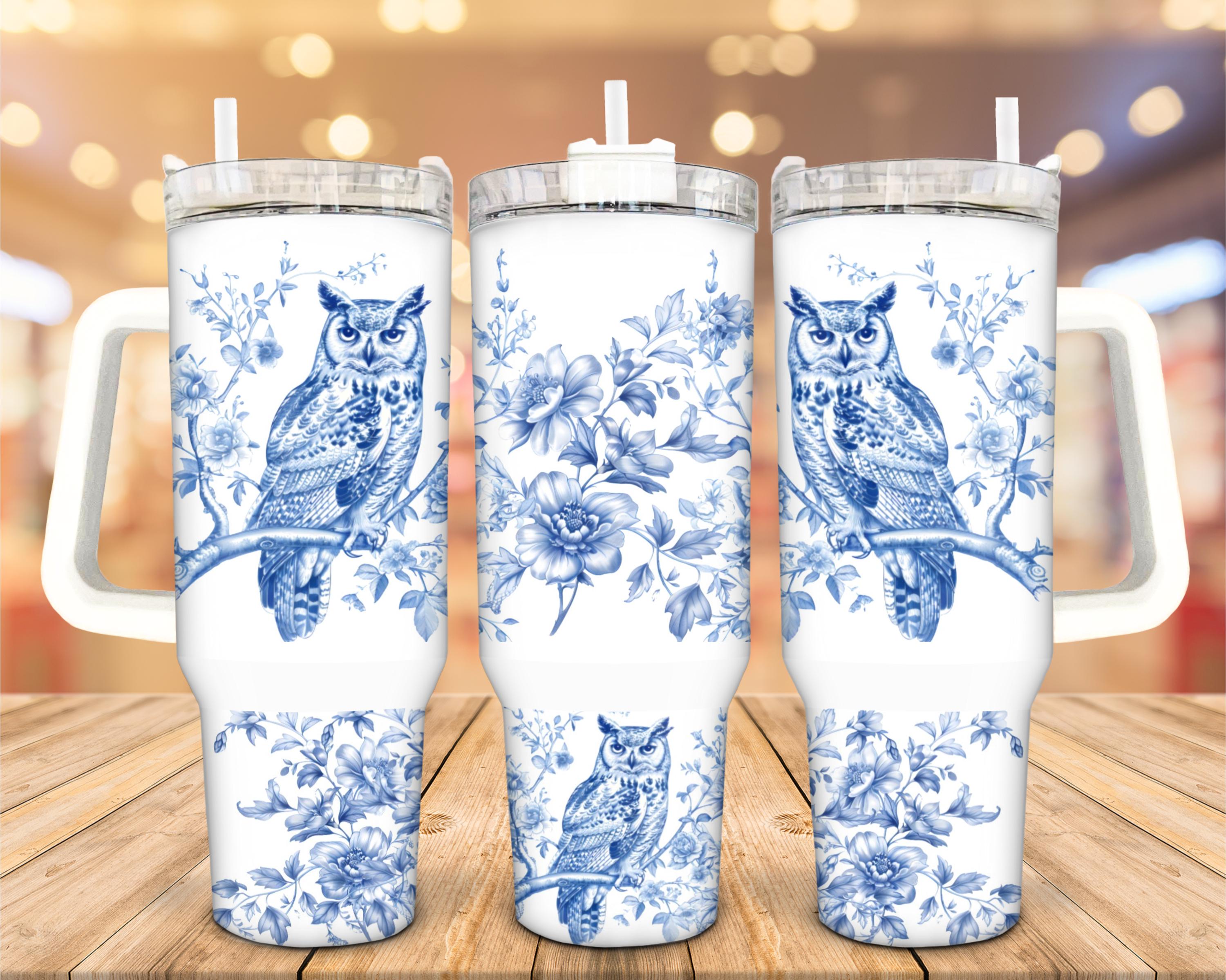 Beautiful Chinoiserie Owl Stainless Steel Tumbler, 40 Oz, Owl Lover Gift, Floral Gift, Personalize It!