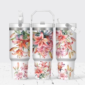 Lilies 30 Oz Flip Straw Tumbler With Handle, Personalized Gift, Floral Gift