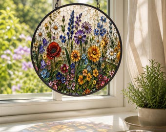 Wildflower Glass Suncatcher | Black Frame | Metal Ring Chain | 3 Sizes