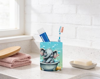Elephant Ceramic Toothbrush Holder | Bamboo Lid | Space Saving Bathroom Cup