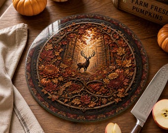 Autumn Deer Tempered Glass Cutting Board - 12 Inch Round | Rubber Feet