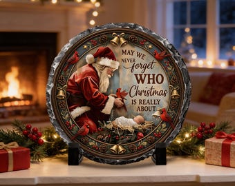 Christmas Photo, Round Slate Frame | Natural Rock | 5.8 In, Glossy Print, Display Stand