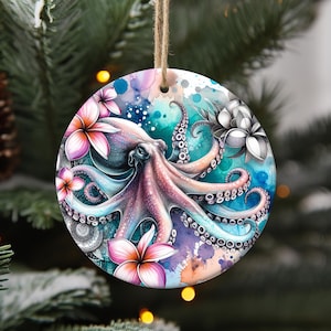 Octopus Ornament, Watercolor Sea Life | Clear Glass Or Ceramic | Round 3 Inch