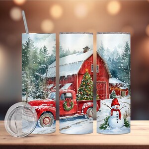 Vintage Red Truck Christmas Stainless Steel Tumbler, Personalized Tumbler, 2 Size Choices, Christmas Tumbler