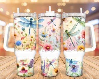 Dragonfly Floral Stainless Steel Tumbler: Personalized 30/40 Oz Insulated Gift