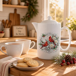 May include: A white ceramic teapot with a lid and a handle, featuring a decorative illustration of two red cardinals perched among white roses, green holly leaves, and pinecones. Two matching white ceramic mugs and a plate of cookies are nearby.