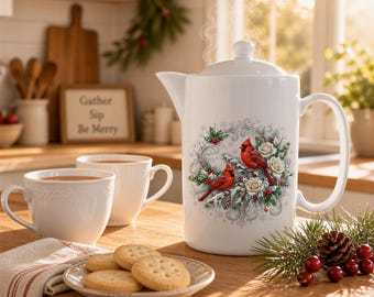 Cardinal Rose, Handcrafted Porcelain Teapot | Personalized Winter Scene | White Glaze | 44 Oz