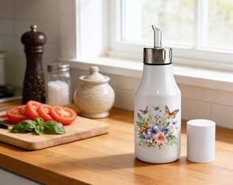 Butterfly Floral Stainless Steel Olive Oil Cruet: 17oz Kitchen Dispenser