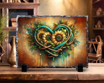 Sunflower Rope Heart Photo Slate With Display Stand, Home Decor