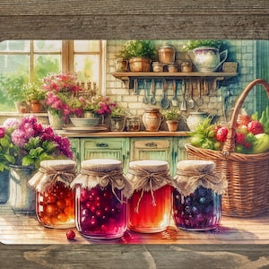 A cozy kitchen scene with a variety of jars filled with colorful jams and preserves, along with a basket of fresh fruits. The kitchen features a rustic wooden counter and shelves displaying various kitchen items.