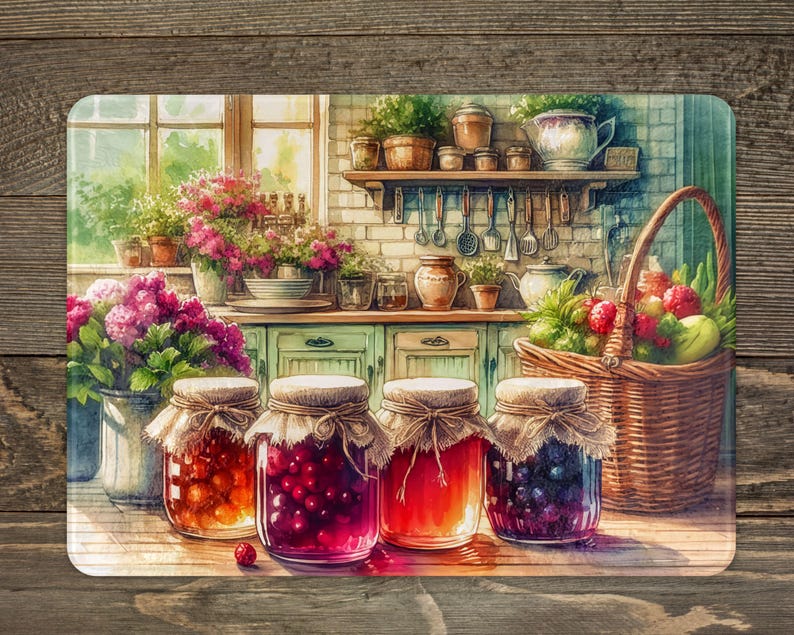 A cozy kitchen scene with a variety of jars filled with colorful jams and preserves, along with a basket of fresh fruits. The kitchen features a rustic wooden counter and shelves displaying various kitchen items.