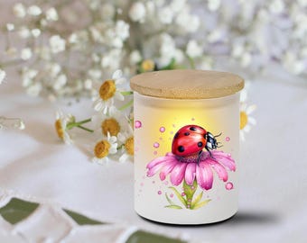 Ladybug Floral Frosted Glass With Tealight Or Ceramic Candle Holder