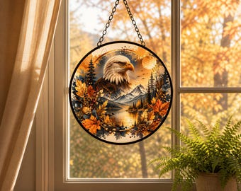 Fall Eagle Glass Suncatcher | Black Frame | Metal Ring Chain | 3 Sizes