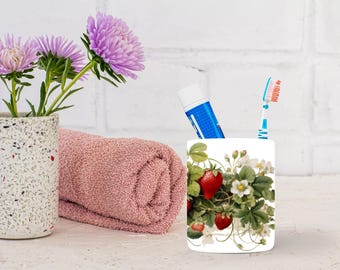 Strawberry Vine Ceramic - Toothbrush Cup - White Bamboo Lid, Bathroom Organizer