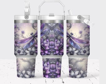 Purple Dragonfly Floral Tumbler: Personalized Insulated Stainless Steel, 30 Oz