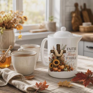 Teapot 44 Oz Capacity | Porcelain | Faith Autumn Floral Cross Scripture | Dishwasher Microwave Safe