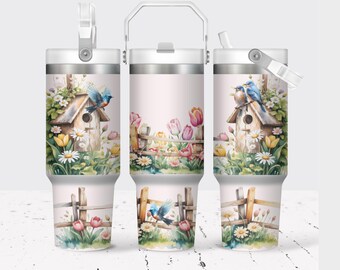 Bluebird Floral Tumbler: 30 Oz Stainless Steel Insulated Travel Mug