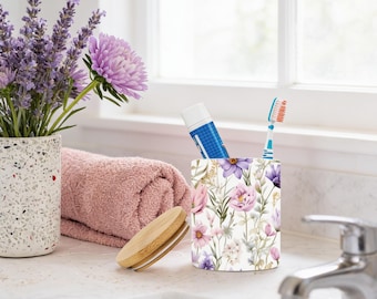 Purple Floral Ceramic Toothbrush Holder | Bamboo Lid, Makeup Tools Jar