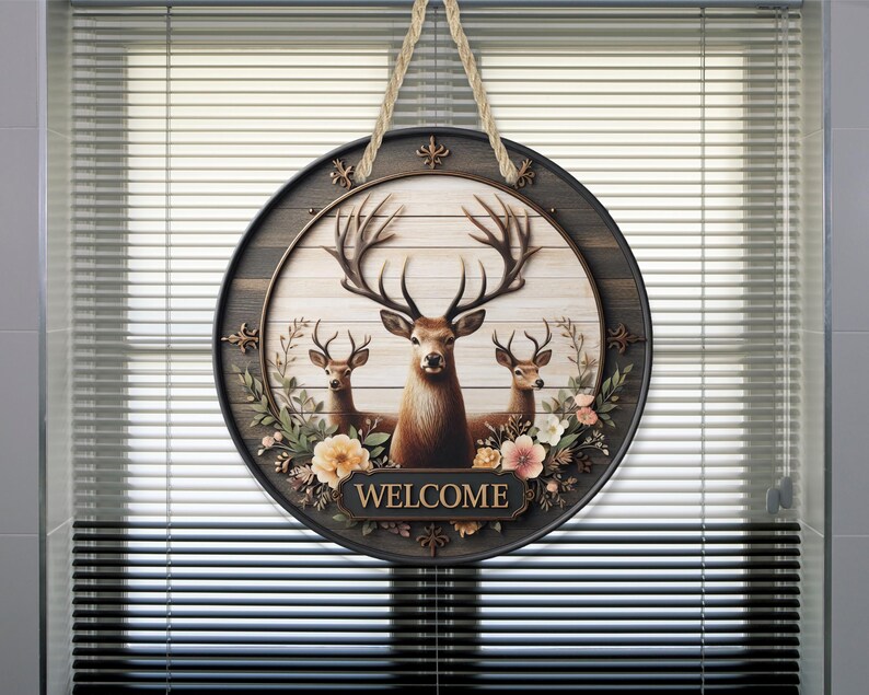 Op de afbeelding: Ronde houten welkomstbord met drie herten en bloemendetails. Het bord heeft een donkerbruine rand en een lichtbruine achtergrond, met het woord "WELCOME" op een gouden banner.