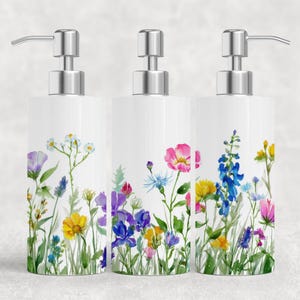 Watercolor Wildflower Stainless Steel Soap Dispenser - Floral Bathroom Decor
