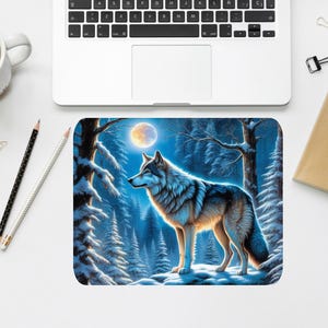 May include: A gray wolf stands in a snowy forest under a full moon. The wolf is looking to the left, and the forest is dark blue with white snow on the trees.