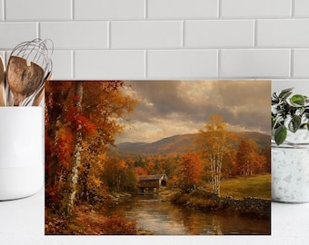 Autumn Covered Bridge Tempered Glass Cutting Board: Fall Kitchen Decor