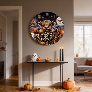 Highland Cow, Halloween Glass Clock | Pumpkin Moon Scene | Aluminum, Clear Numerals | 3 Sizes