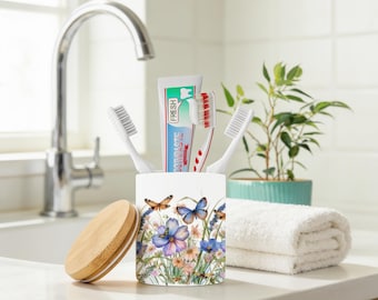 Floral Butterfly Toothbrush Holder | White Bathroom Tumbler | Bamboo Lid