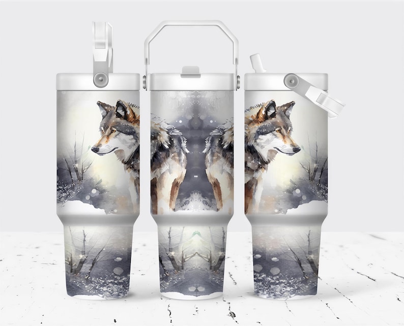 A set of three identical stainless steel tumblers with a watermark design featuring a wolf's head against a snowy landscape.