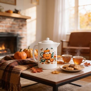May include: A white ceramic teapot featuring a colorful illustration of a smiling pumpkin teapot, small ghosts, and autumn leaves. The teapot has a lid and a handle, and it is decorated with a festive seasonal graphic print on its front surface.