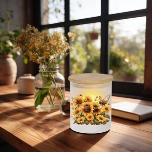 Sunflower Honey Bee Glass Or Ceramic Candle Holder with Bamboo Lid