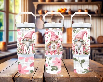 Mom Gnomes Floral Tumbler: 30 Oz Flip Straw Stainless Steel Travel Mug