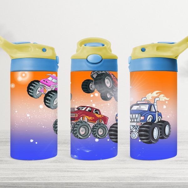 Monster Truck Kid's 12 Oz. Flip Top Insulated Tumbler, Stainless Steel Water Bottle, Birthday Gift, Personalized Gift