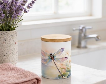 Dragonfly  Ceramic Toothbrush Holder, Bamboo Lid,  Cup For Brushes