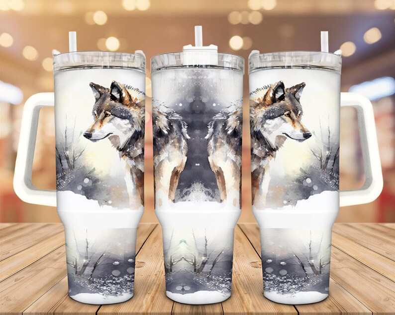 A set of three large, clear tumblers with a design featuring a wolf's face on each one.