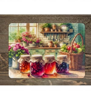A wooden kitchen counter with various jars of jam and fresh produce, including pears, apples, and berries, arranged on it.