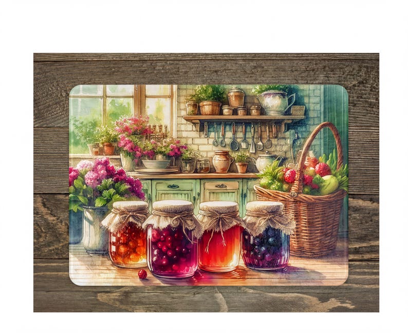 A wooden kitchen counter with various jars of jam and fresh produce, including pears, apples, and berries, arranged on it.