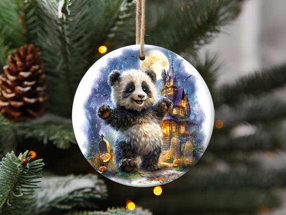 Halloween Panda | Ornament | Moonlit Jack-O-Lantern Scene | Glass, Ceramic | One-Sided Print