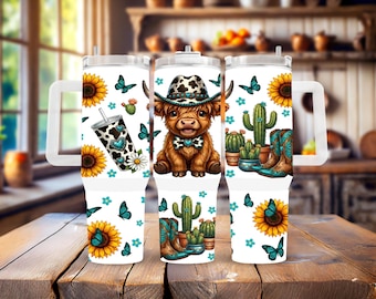 Western Cow Tumbler: 30/40 Oz Insulated Stainless Steel, Floral Design