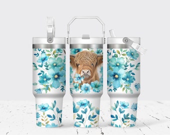 Highland Cow Blue Floral 30 Oz Flip Straw Tumbler With Handle, Personalized Gift, Cow Lover Gift