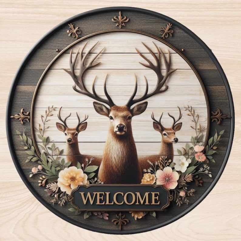 Op de afbeelding: Ronde houten welkomstbord met drie herten met grote geweien, omringd door bloemmotieven. Het bord heeft een donkerbruine rand en het woord "WELCOME" op een decoratief bord.