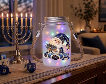 Gnome Hanukkah, Solar Lantern - Frosted Mason Jar | Rope Handle | Blue Gold Artwork | Silver Lid
