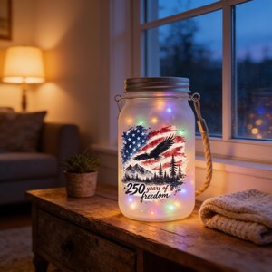 USA 250 Year Anniversary Solar Lantern: Frosted Mason Jar with Rope Handle